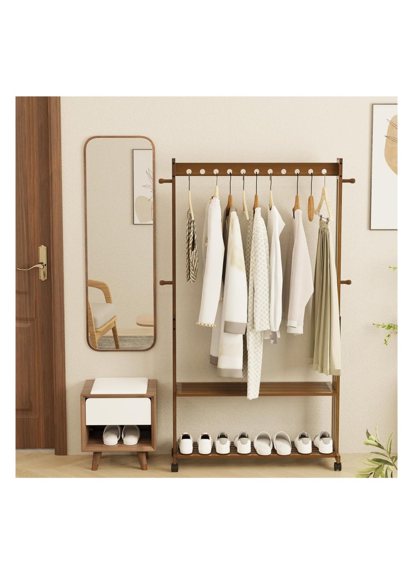 Arabest Wooden Clothes Hanger Rail:  Clothes Rail stand Bamboo Clothing Rack Wheels Clothes Rail Stand with Wheels Coat Rack on Wheels with 2 Tier Shelves for Bedroom, Living Room  - Image 1