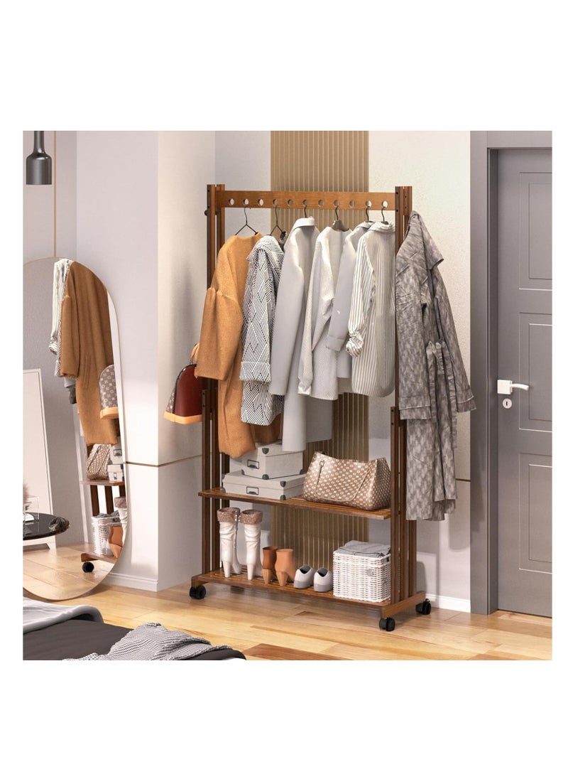 Arabest Wooden Clothes Hanger Rail:  Clothes Rail stand Bamboo Clothing Rack Wheels Clothes Rail Stand with Wheels Coat Rack on Wheels with 2 Tier Shelves for Bedroom, Living Room  - Image 2