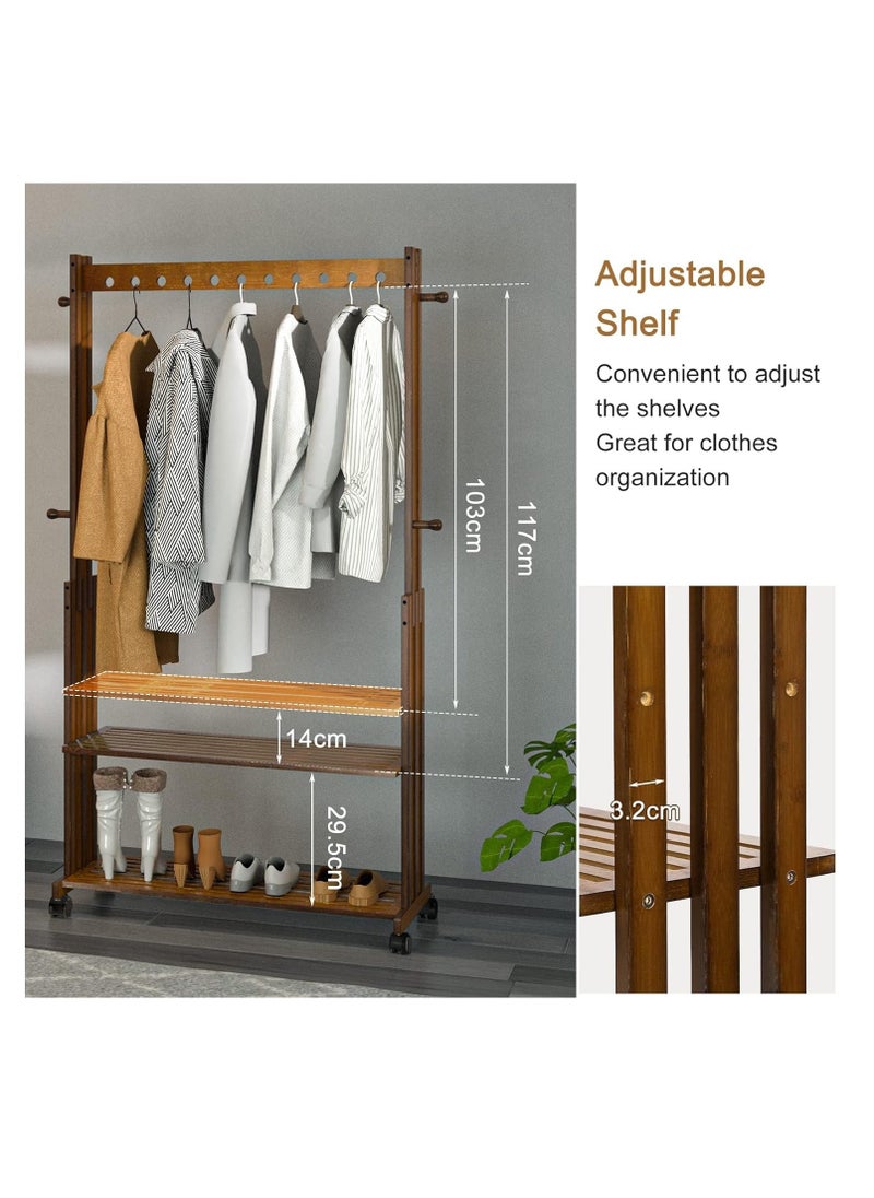 Arabest Wooden Clothes Hanger Rail:  Clothes Rail stand Bamboo Clothing Rack Wheels Clothes Rail Stand with Wheels Coat Rack on Wheels with 2 Tier Shelves for Bedroom, Living Room  - Image 3