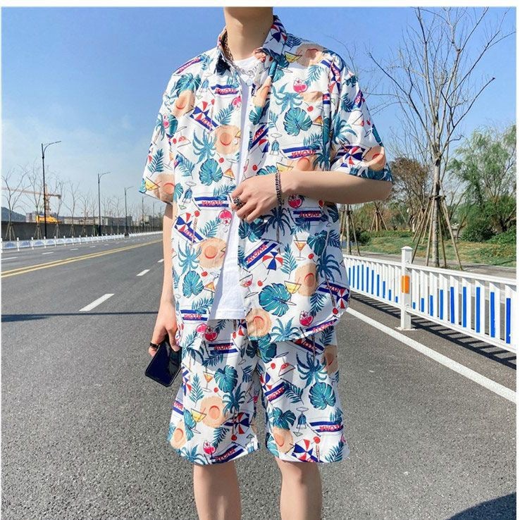 Generic Mens Summer Casual Beach Set Lightweight Hawaiian Shorts Shirt Combo DS003 White suit 