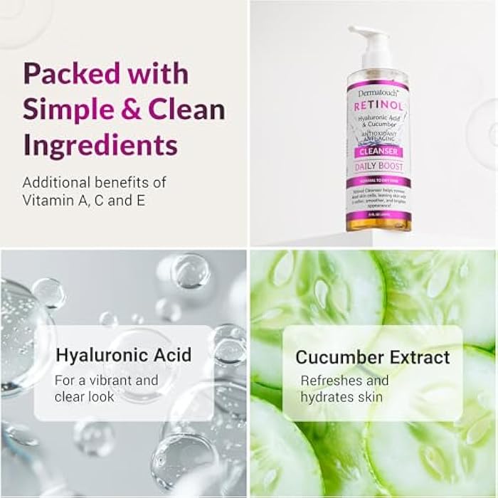 DERMATOUCH Retinol Face Cleanser, Daily Face Wash With Hyaluronic Acid, Cucumber, and Vitamins for Normal to Dry Skin, Hydrating Antioxidant Formula, Clean Skin Care, Made in USA, 8 Fl Oz - Image 4