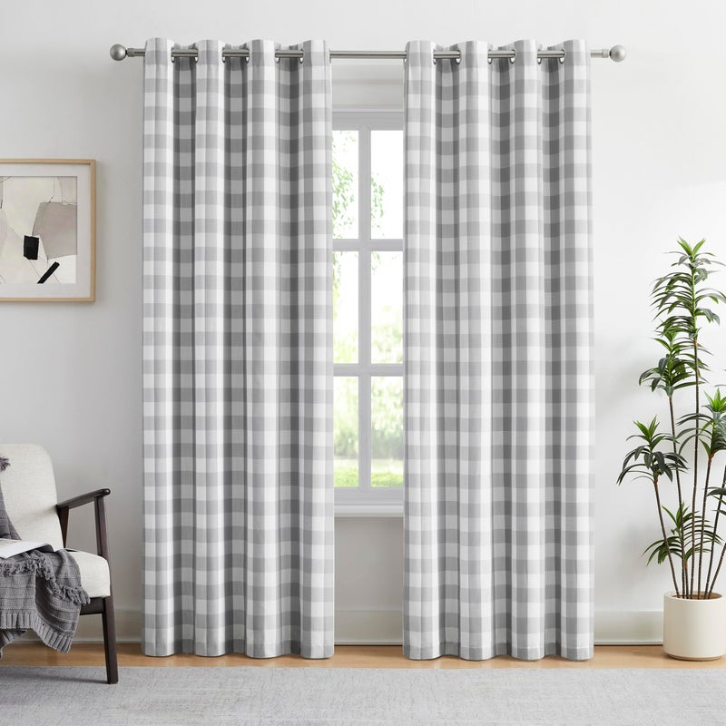 Amzdecor Buffalo Check Plaid Full Blackout Window Curtains 84 Inches Long for Bedroom Noise Reducing Total Room Darkening Grommet Drapes,Vintage Farmhouse Window Treatment,2 Panels,52"x84",Gray White - Image 1