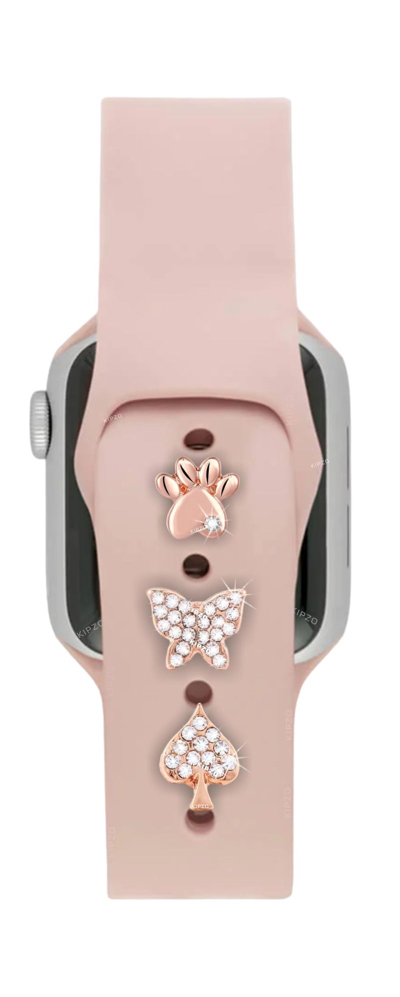 KIPZO® Rosegold metal alloy Decorative watch lucky Charms studs Rings Loops Smartwatch wrist band Jewelry Silicone Bands i-Watch Series 8 7 6 cat paw butterfly leaf Ornament Strap Accessories 3pc - Image 1