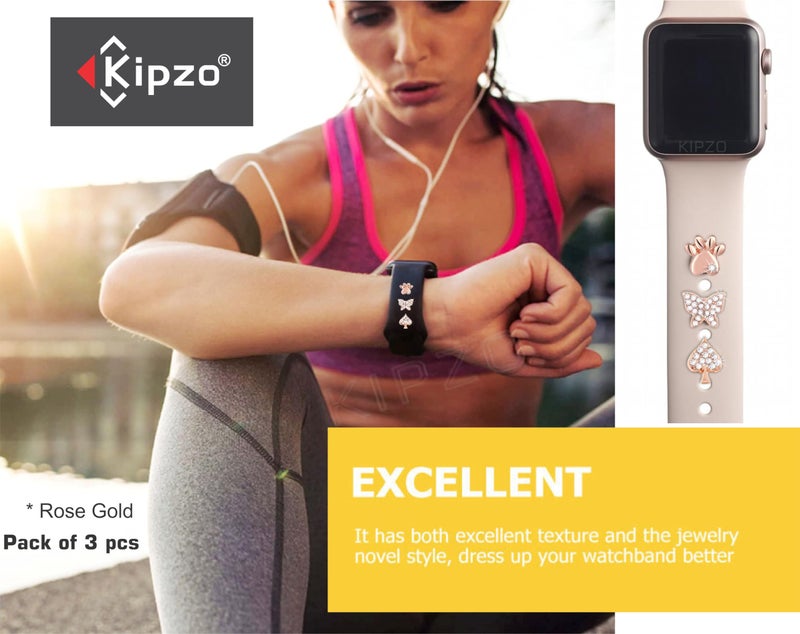 KIPZO® Rosegold metal alloy Decorative watch lucky Charms studs Rings Loops Smartwatch wrist band Jewelry Silicone Bands i-Watch Series 8 7 6 cat paw butterfly leaf Ornament Strap Accessories 3pc - Image 2