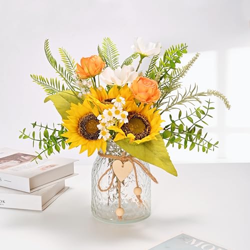 LUEUR Artificial Faux Flowers in Vase for Home,Silk Sunflower Bouquet Fake Flowers with Pot Silk Sunflower Arrangement with Vase Suitable for Fall, Spring Decor Office Decoration Table Cenerpiece - Image 2