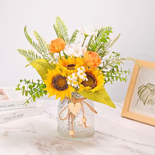 LUEUR Artificial Faux Flowers in Vase for Home,Silk Sunflower Bouquet Fake Flowers with Pot Silk Sunflower Arrangement with Vase Suitable for Fall, Spring Decor Office Decoration Table Cenerpiece - Image 3