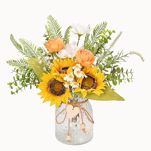 LUEUR Artificial Faux Flowers in Vase for Home,Silk Sunflower Bouquet Fake Flowers with Pot Silk Sunflower Arrangement with Vase Suitable for Fall, Spring Decor Office Decoration Table Cenerpiece - Image 1