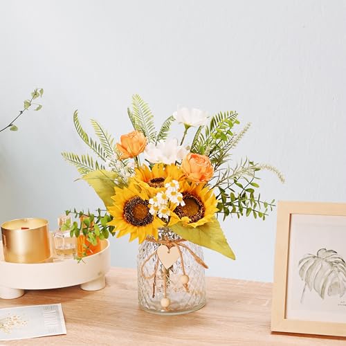 LUEUR Artificial Faux Flowers in Vase for Home,Silk Sunflower Bouquet Fake Flowers with Pot Silk Sunflower Arrangement with Vase Suitable for Fall, Spring Decor Office Decoration Table Cenerpiece - Image 4