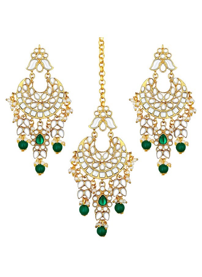 Aheli - Kundan Pearl Chandbali Earrings With Maang Tikka Indian Traditional Bollywood Fashion Jewelry Set For Women Girls - Image 1