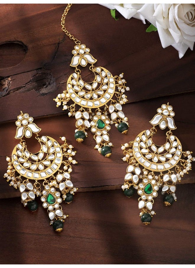 Aheli - Kundan Pearl Chandbali Earrings With Maang Tikka Indian Traditional Bollywood Fashion Jewelry Set For Women Girls - Image 1