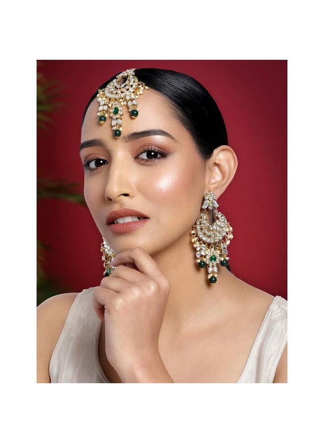 Aheli - Kundan Pearl Chandbali Earrings With Maang Tikka Indian Traditional Bollywood Fashion Jewelry Set For Women Girls - Image 1
