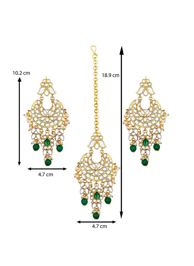 Aheli - Kundan Pearl Chandbali Earrings With Maang Tikka Indian Traditional Bollywood Fashion Jewelry Set For Women Girls - Image 1
