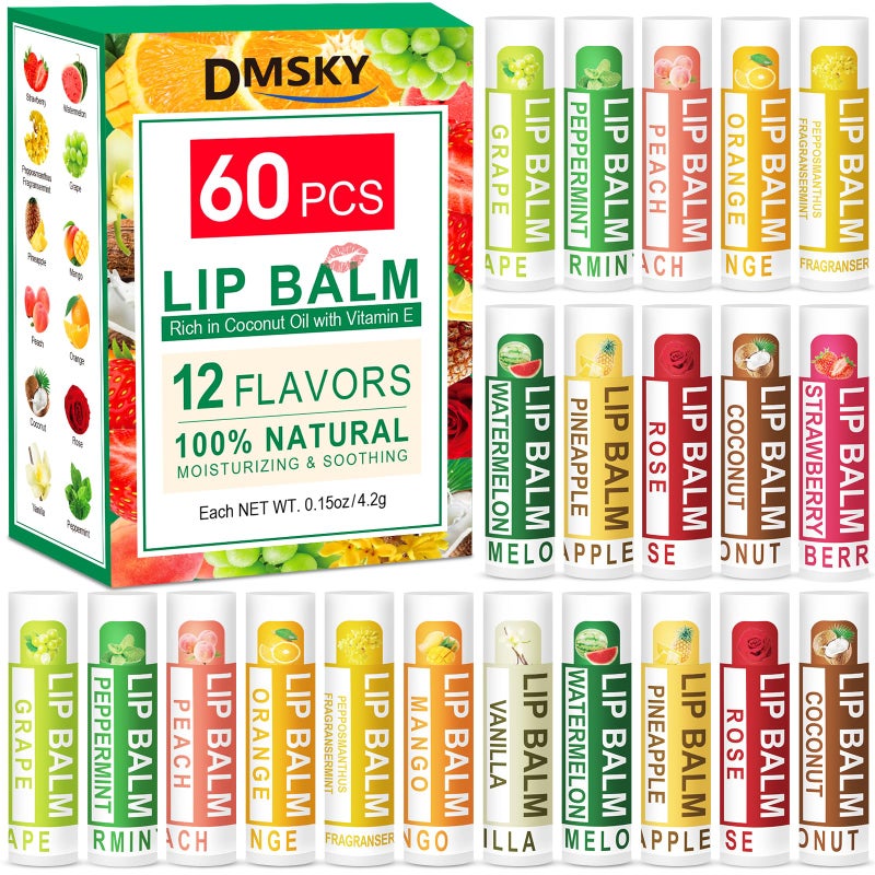 DMSKY Natural Lip Balm Bulk 60 Pack Moisturizing Lip Balm with Vitamin E and Coconut Oil Lip Care Product for Chapped Lips12 Flavors