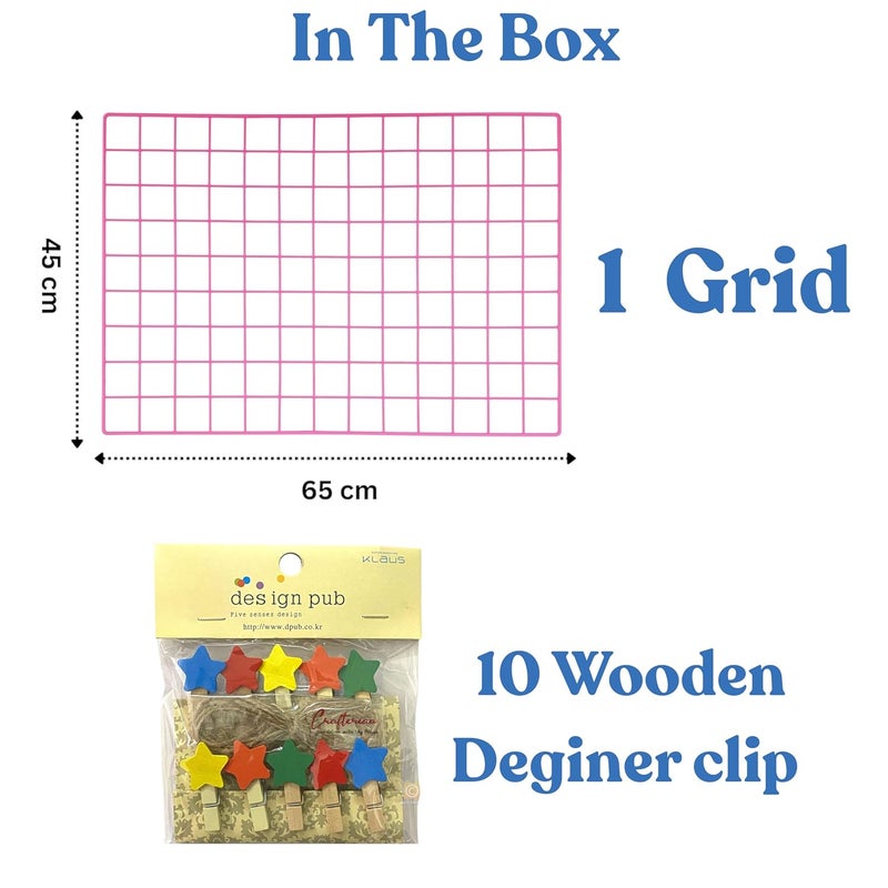 CreativeBuzz Steel Grid Photo Frame For Wall With 10 Wooden Deginer Clips DIY Mesh Wire Frame Grid Of Metal Hanging Aesthetic Moments Photo Wall Décor for Home Living Room and office, Size - 65X45 Cm (Pink) - Image 3