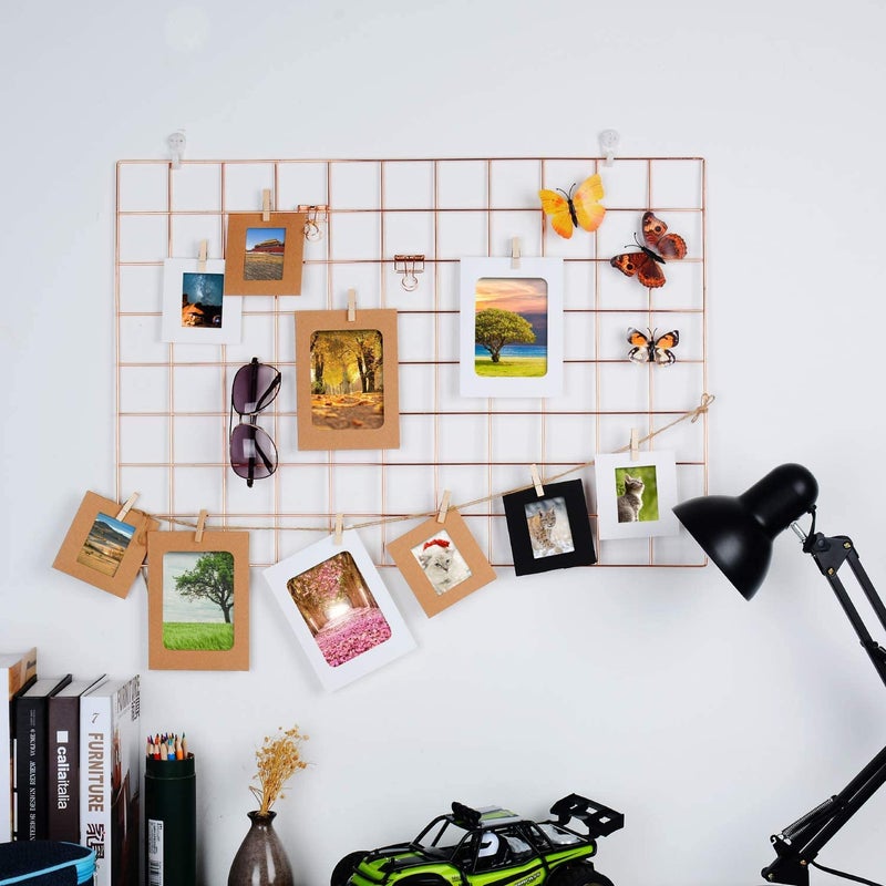 CreativeBuzz Steel Grid Photo Frame For Wall With 10 Wooden Deginer Clips DIY Mesh Wire Frame Grid Of Metal Hanging Aesthetic Moments Photo Wall Décor for Home Living Room and office, Size - 65X45 Cm (Pink) - Image 5