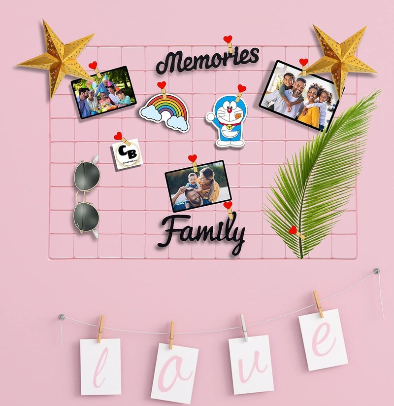 CreativeBuzz Steel Grid Photo Frame For Wall With 10 Wooden Deginer Clips DIY Mesh Wire Frame Grid Of Metal Hanging Aesthetic Moments Photo Wall Décor for Home Living Room and office, Size - 65X45 Cm (Pink) - Image 2