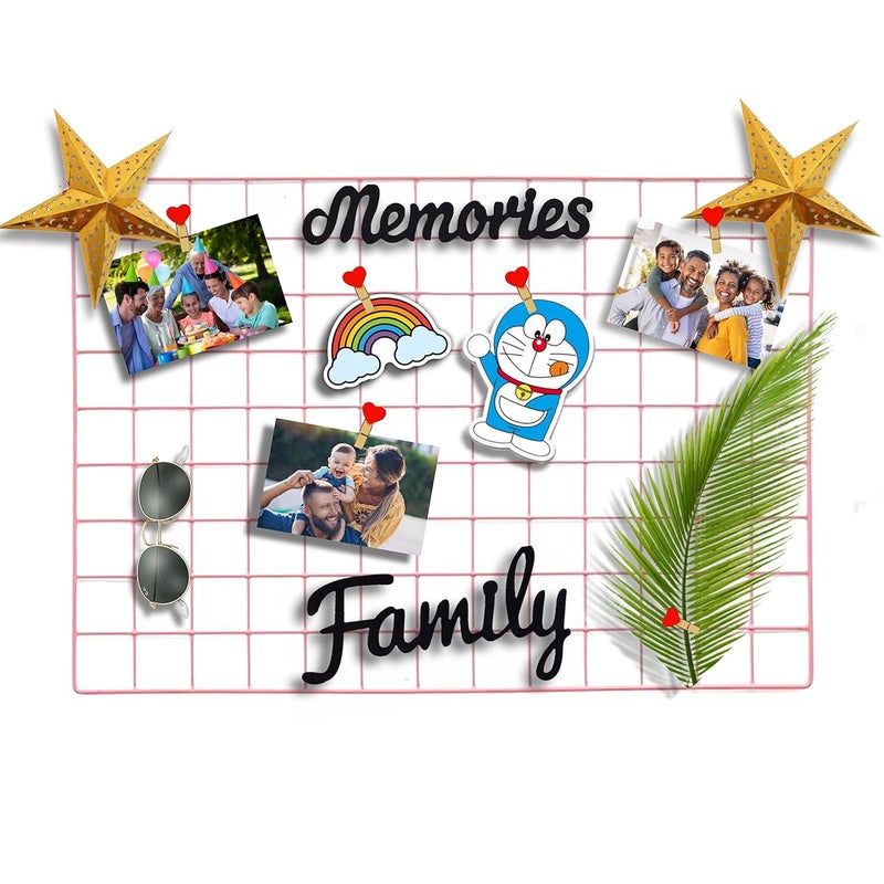 CreativeBuzz Steel Grid Photo Frame For Wall With 10 Wooden Deginer Clips DIY Mesh Wire Frame Grid Of Metal Hanging Aesthetic Moments Photo Wall Décor for Home Living Room and office, Size - 65X45 Cm (Pink) - Image 1