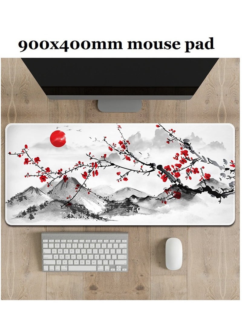General Cherry Blossom Gaming Mouse Pad 900mmX400mm, Thickness 3mm, Red Full Desk Japanese Sakura Gaming Mouse Pad, Large Non-Slip Rubber Base Waterproof Big Keyboard Mat With Stitched Edges For Gaming Office  - Image 1