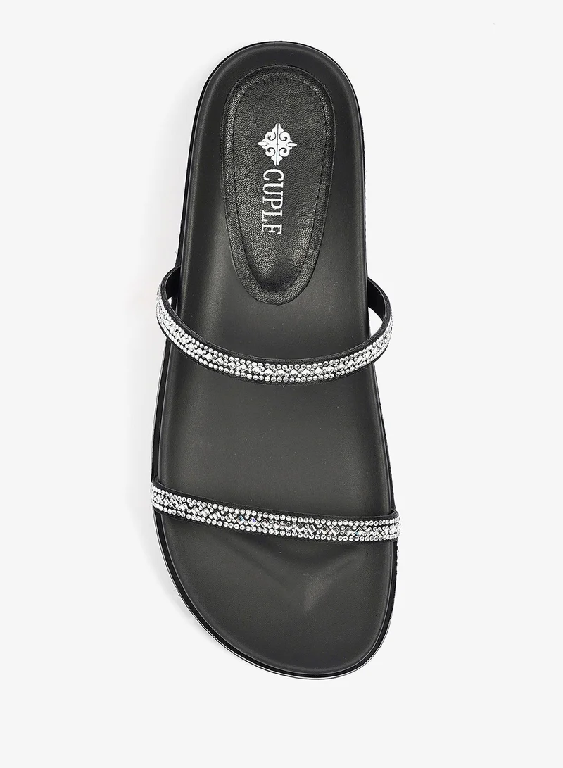 Cuple  Slip-on Double strap Embellished slide  Flat Sandals for Women | Best Price UAE