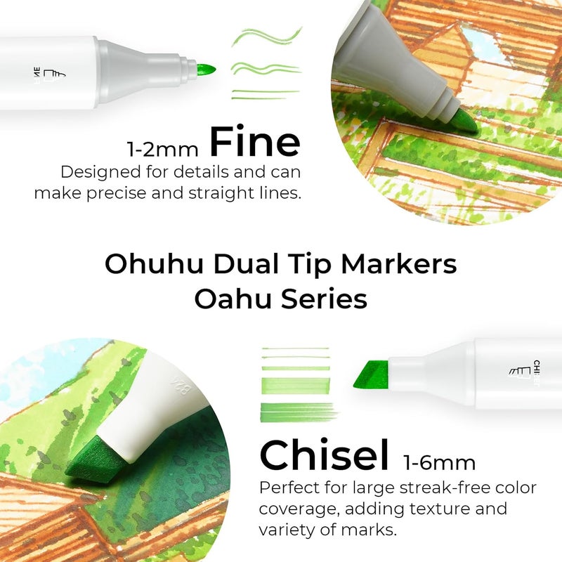Ohuhu Alcohol Markers 100 Colors: Chisel & Fine Dual Tips Alcohol Marker Set with Colorless Blender - Oahu Series - Image 3