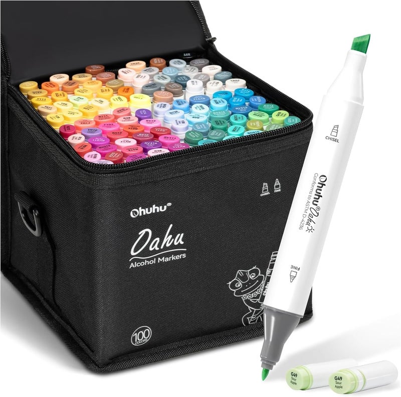 Ohuhu Alcohol Markers 100 Colors: Chisel & Fine Dual Tips Alcohol Marker Set with Colorless Blender - Oahu Series - Image 1