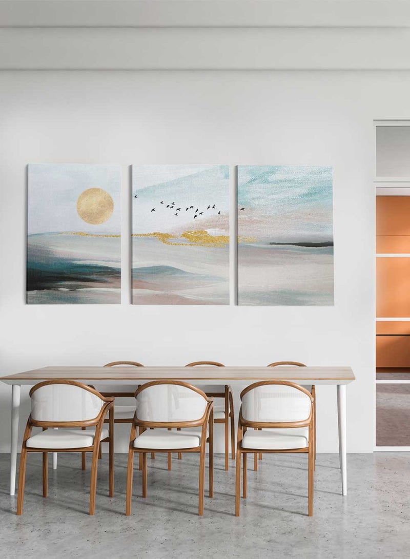 LOWHA Set Of 3 Framed Canvas Wall Arts Stretched Over Wooden Frame, Abstract Sea Moon Oil Paintings, For Home, Living Room, Office Decor - Image 1