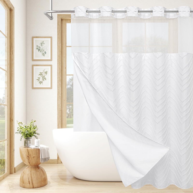 Craidlela No Hooks Boho White Shower Curtain Set with Snap-in Liner, Farmhouse Woven Fabric Tufted Chevron Striped Textured Shower Curtain, Modern Style with See Through Window 72 x 74 - Image 1