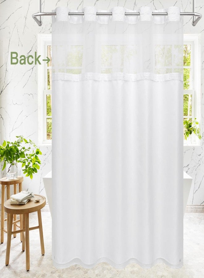 Craidlela No Hooks Boho White Shower Curtain Set with Snap-in Liner, Farmhouse Woven Fabric Tufted Chevron Striped Textured Shower Curtain, Modern Style with See Through Window 72 x 74 - Image 3