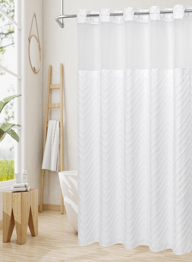 Craidlela No Hooks Boho White Shower Curtain Set with Snap-in Liner, Farmhouse Woven Fabric Tufted Chevron Striped Textured Shower Curtain, Modern Style with See Through Window 72 x 74 - Image 2