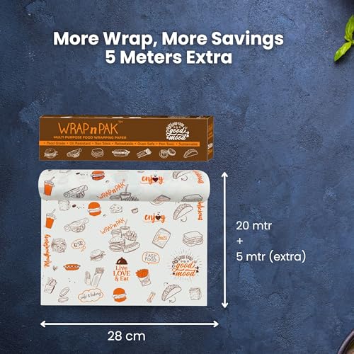 WRAP n PAK Food Wrapping Paper Roll | 11x 20+5 Meter | Lab Tested | Oil Resistant & Non Soggy | Roti Chapati Burger Pizza Sandwich Paper | Parchment Paper (Twin Tone - Pack of 1) - Image 4