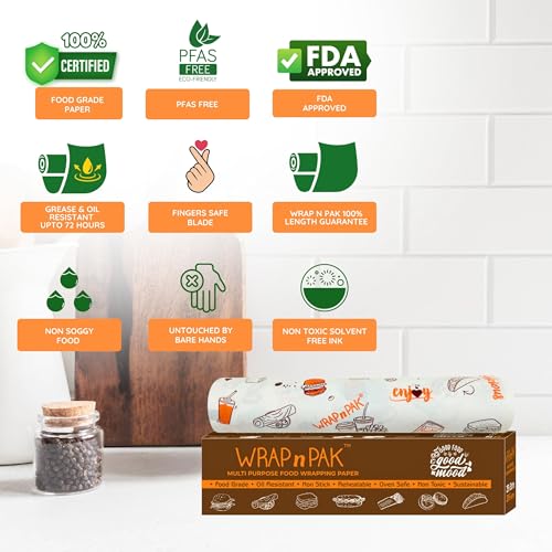 WRAP n PAK Food Wrapping Paper Roll | 11x 20+5 Meter | Lab Tested | Oil Resistant & Non Soggy | Roti Chapati Burger Pizza Sandwich Paper | Parchment Paper (Twin Tone - Pack of 1) - Image 3