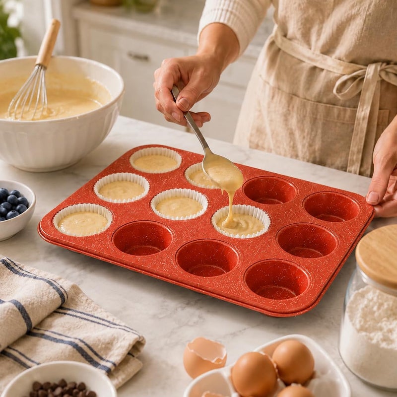 Cake Molds Non Stick Reusable Muffin Cupcake Baking Pan of 12 Cup, Non-Stick Round Cupcake and Cheesecake Pan, Essential Cooking Tool for Perfect Muffins Every Time (Red) - Image 5
