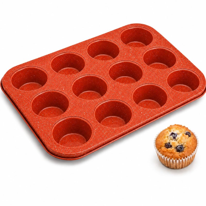 Cake Molds Non Stick Reusable Muffin Cupcake Baking Pan of 12 Cup, Non-Stick Round Cupcake and Cheesecake Pan, Essential Cooking Tool for Perfect Muffins Every Time (Red) - Image 1