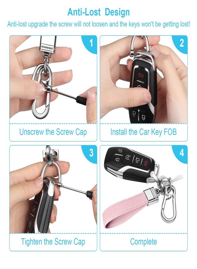 QBUC Genuine Leather Car Keychain,Universal Heavy Duty Metal Key Chain Accessories,Car Fob Key Keychain Holder with 360 Degree Rotatable Snap Swivel and Anti-Lost D-Ring for Men Women(Light Pink) - Image 4