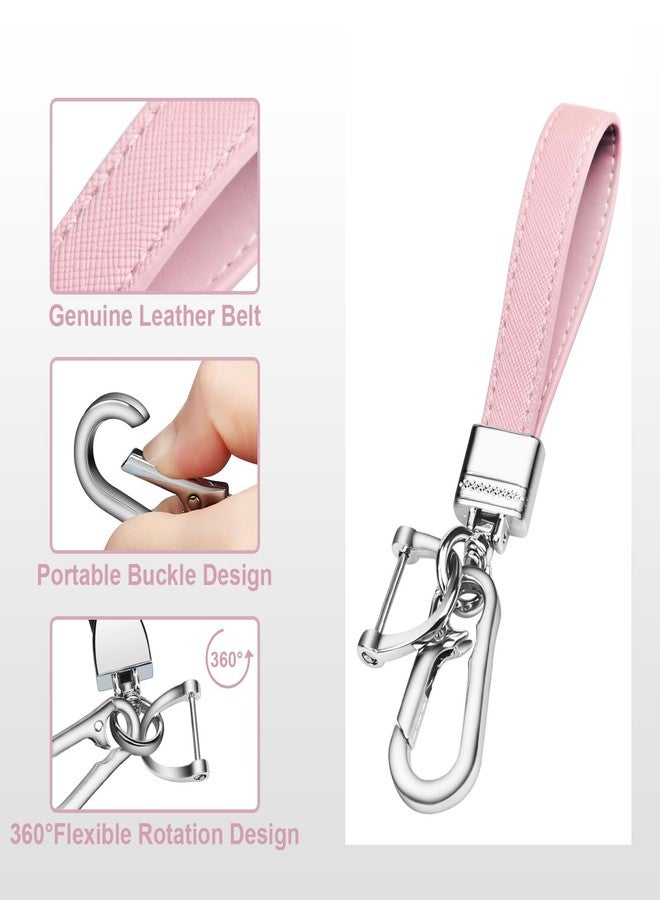 QBUC Genuine Leather Car Keychain,Universal Heavy Duty Metal Key Chain Accessories,Car Fob Key Keychain Holder with 360 Degree Rotatable Snap Swivel and Anti-Lost D-Ring for Men Women(Light Pink) - Image 3