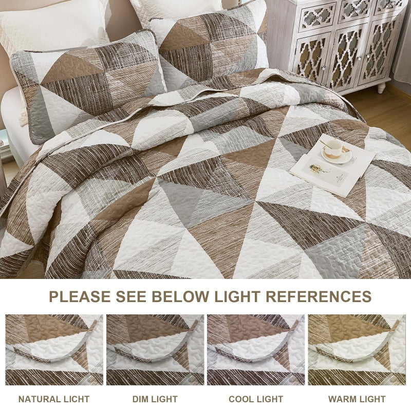 Dintszyayue Quilt Queen Size Brown, 3 Pieces Patchwork Bedspread Bedding for Queen Size Bed, Soft Lightweight Microfiber Geometric Coverlet Set for All Season Quilt with 2 Pillowcases - Image 5