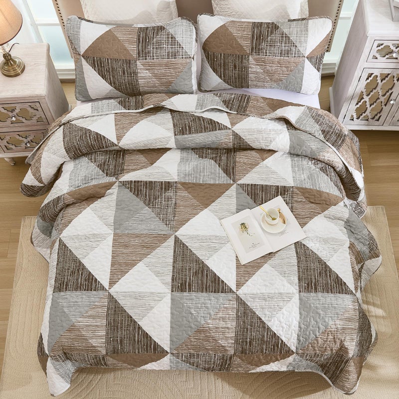 Dintszyayue Quilt Queen Size Brown, 3 Pieces Patchwork Bedspread Bedding for Queen Size Bed, Soft Lightweight Microfiber Geometric Coverlet Set for All Season Quilt with 2 Pillowcases - Image 3