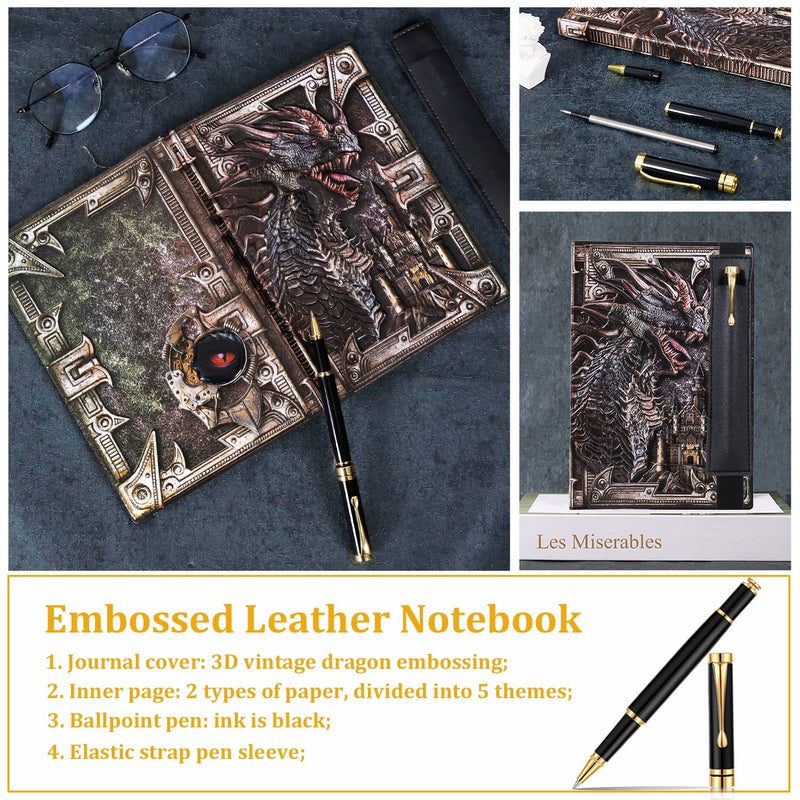 Feidiao Vintage Dragon Embossed Leather Notebook Dnd Notebook Travel Journal With Ballpoint Pen And Pen Sleeve.Antique Handmade A5 Journal Hardcover Liner Writing Notebook Gift For Men&Women(Colorful) - Image 5
