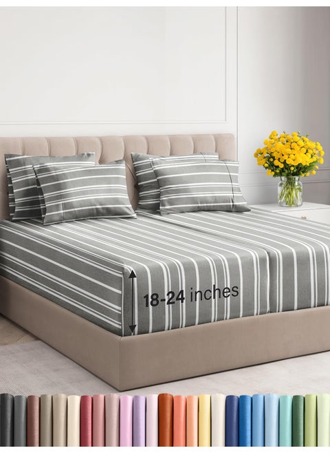 Extra Deep King Sheet Set - 6 Piece Breathable and Cooling Sheets - Hotel Luxury Bed Sheets Set - Easy Fit - Soft  Wrinkle Free and Comfy Sheets Set - Grey Striped Sheet Set with Extra Deep Pockets