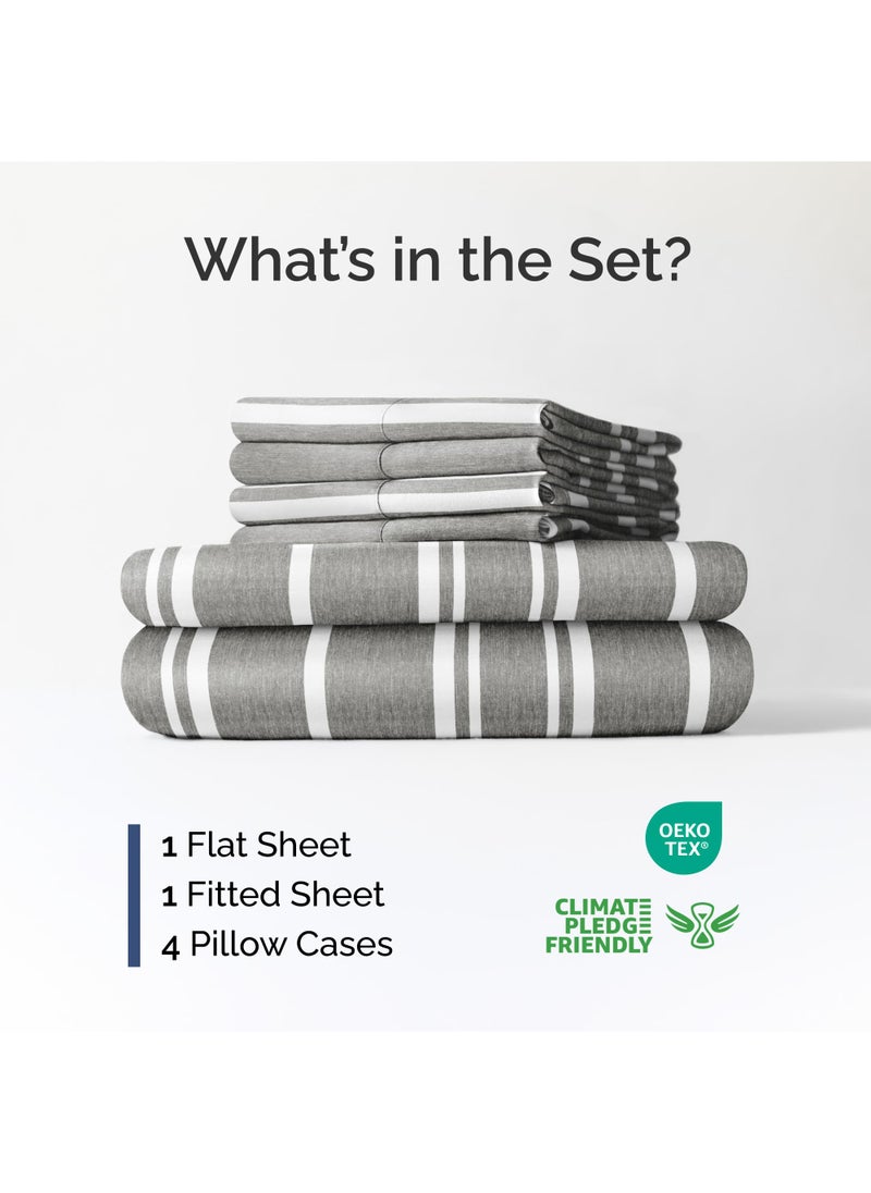 Extra Deep King Sheet Set - 6 Piece Breathable and Cooling Sheets - Hotel Luxury Bed Sheets Set - Easy Fit - Soft  Wrinkle Free and Comfy Sheets Set - Grey Striped Sheet Set with Extra Deep Pockets