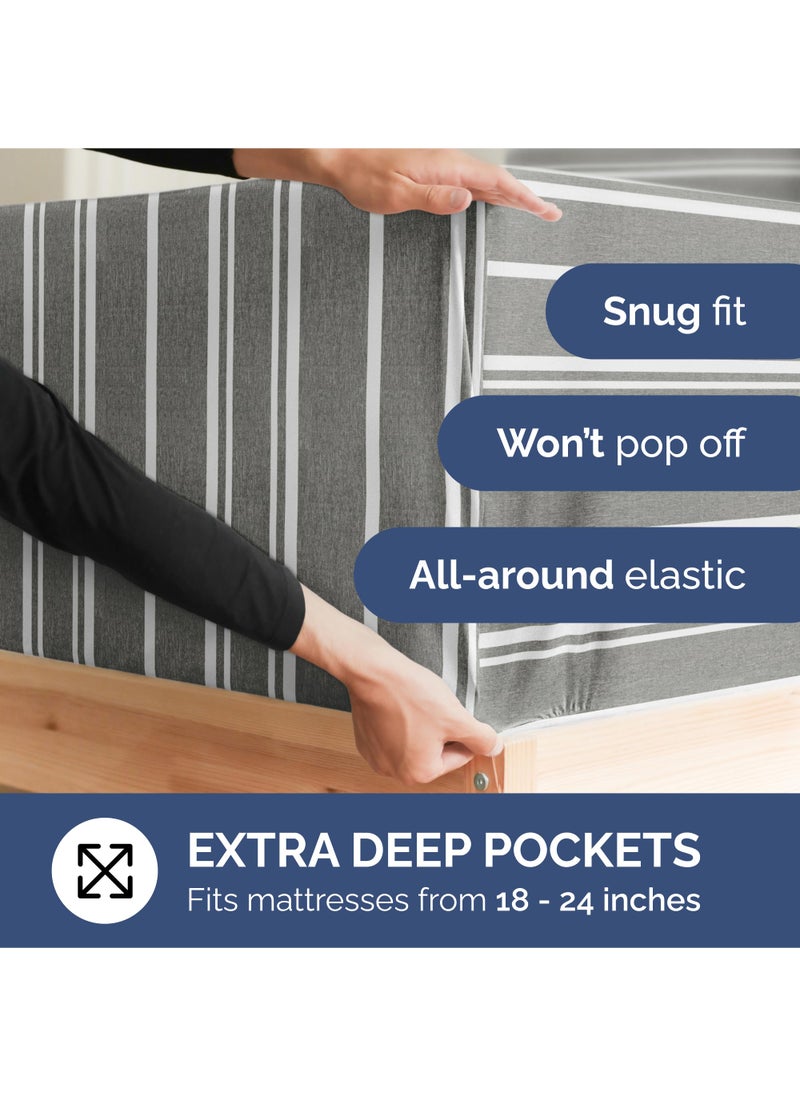 Extra Deep King Sheet Set - 6 Piece Breathable and Cooling Sheets - Hotel Luxury Bed Sheets Set - Easy Fit - Soft  Wrinkle Free and Comfy Sheets Set - Grey Striped Sheet Set with Extra Deep Pockets