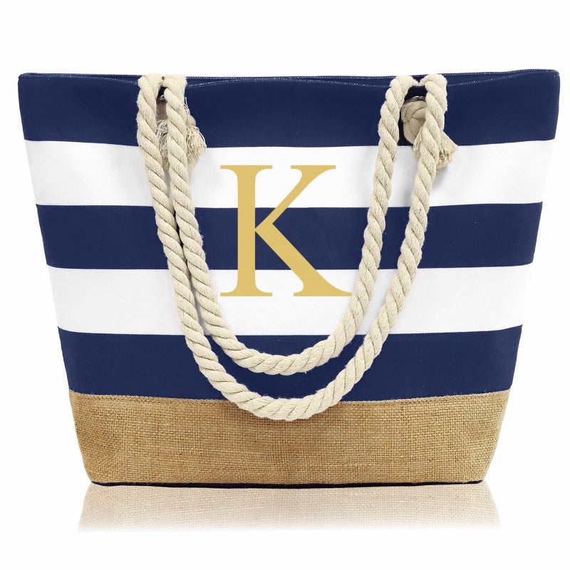 Selling Simple Letter Canvas Striped Beach Handbag Zipper Multi-Pocket Tote Bag For Women - Image 1