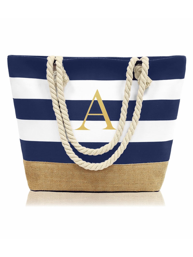 Selling Simple Letter Canvas Striped Beach Handbag Zipper Multi-Pocket Tote Bag For Women - Image 2