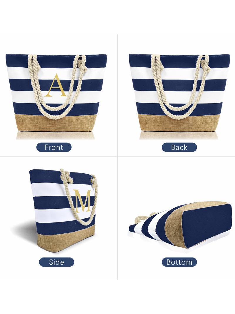Selling Simple Letter Canvas Striped Beach Handbag Zipper Multi-Pocket Tote Bag For Women - Image 4