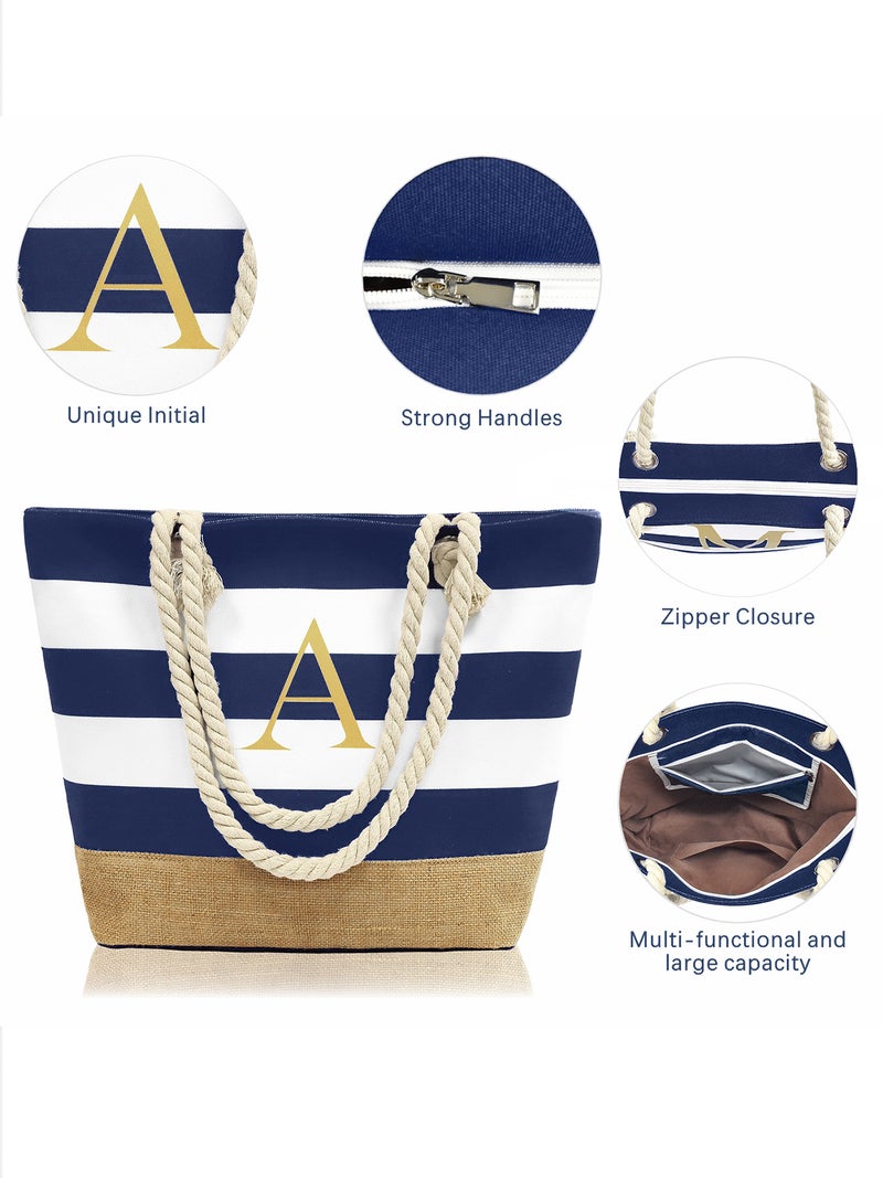 Selling Simple Letter Canvas Striped Beach Handbag Zipper Multi-Pocket Tote Bag For Women - Image 3