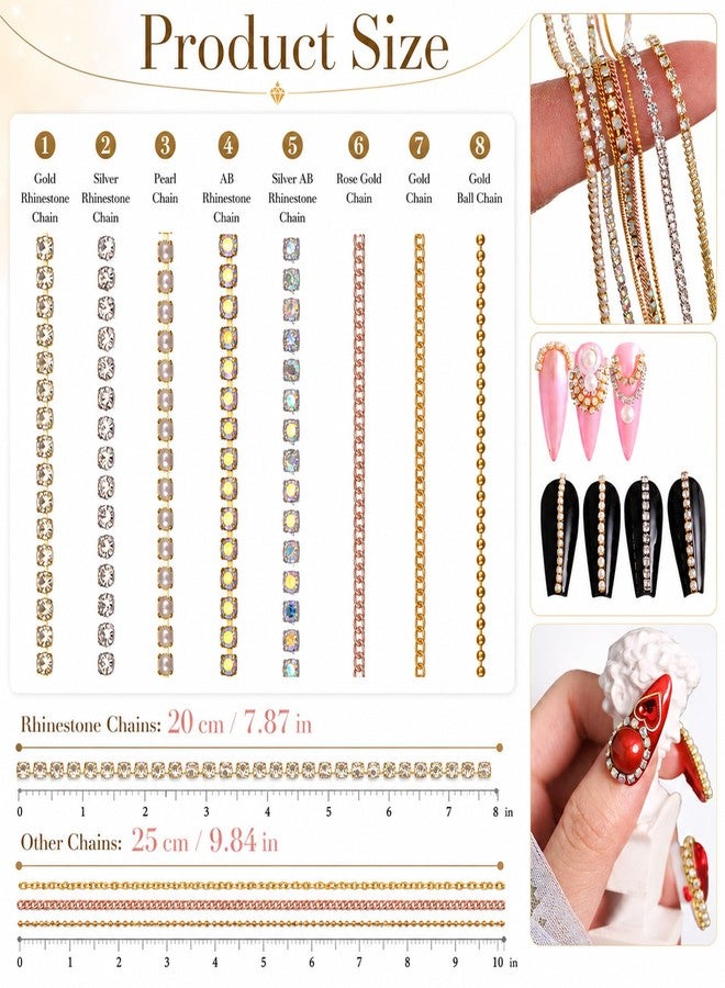 Fyntave 8 Pcs Metal Nail Art Chains, 3D Gold and Silver Metal Chain Charms, Punk Gothic Nail Jewelry Strips, Flexible Nails Decor for Manicure DIY Nails Decoration Accessories (Gold and Silver) - Image 2