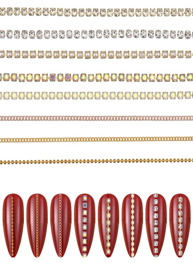 Fyntave 8 Pcs Metal Nail Art Chains, 3D Gold and Silver Metal Chain Charms, Punk Gothic Nail Jewelry Strips, Flexible Nails Decor for Manicure DIY Nails Decoration Accessories (Gold and Silver) - Image 1