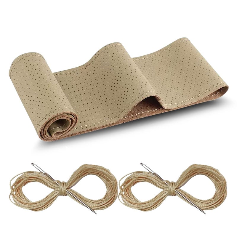 GLSOWEE Car Genuine Leather Steering Wheel Cover DIY Sewing with Needle and Thread Breathable and AntiSlip Universal 15 Inch Car Steering Wheel Stitching Wrap Beige Hole - Image 2