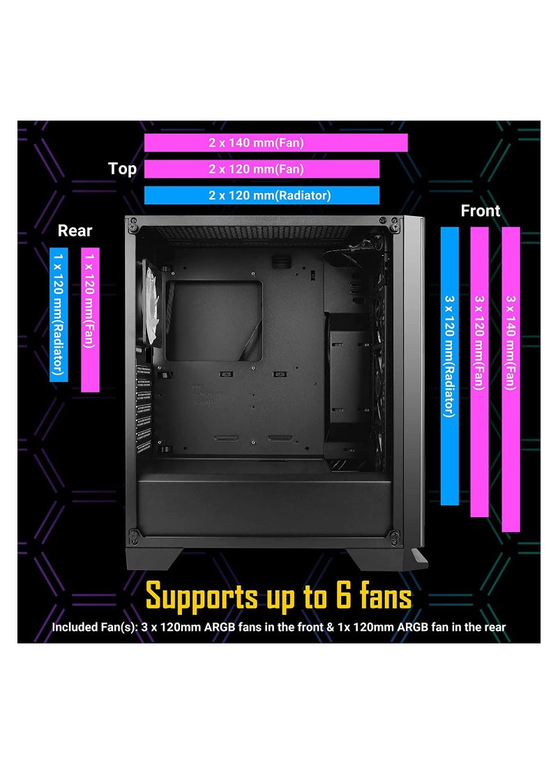 erorex - Nx Series Nx600 Mid-Tower Atx Gaming Case Tempered Glass Side Panel,Supports Up To 6 Fans 1 X 120 Mm Argb Fan Included - Image 1