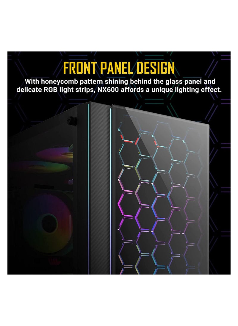 erorex - Nx Series Nx600 Mid-Tower Atx Gaming Case Tempered Glass Side Panel,Supports Up To 6 Fans 1 X 120 Mm Argb Fan Included - Image 1